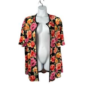 Slinky Brand Cardigan 1X Black Multicolor Floral Print Open Front Short Sleeve